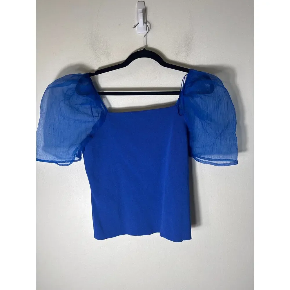 Endless Rose Cobalt Blue Mixed Media Puff Sleeve Top Sz L - Picture 2 of 2